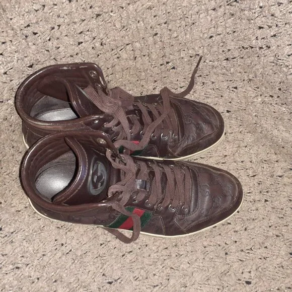 GUCCI-GG High Top 'Guccisima'-Brown Leather Hi-Top Sneakers-Sz 8.5-Excellent - Picture 9 of 11